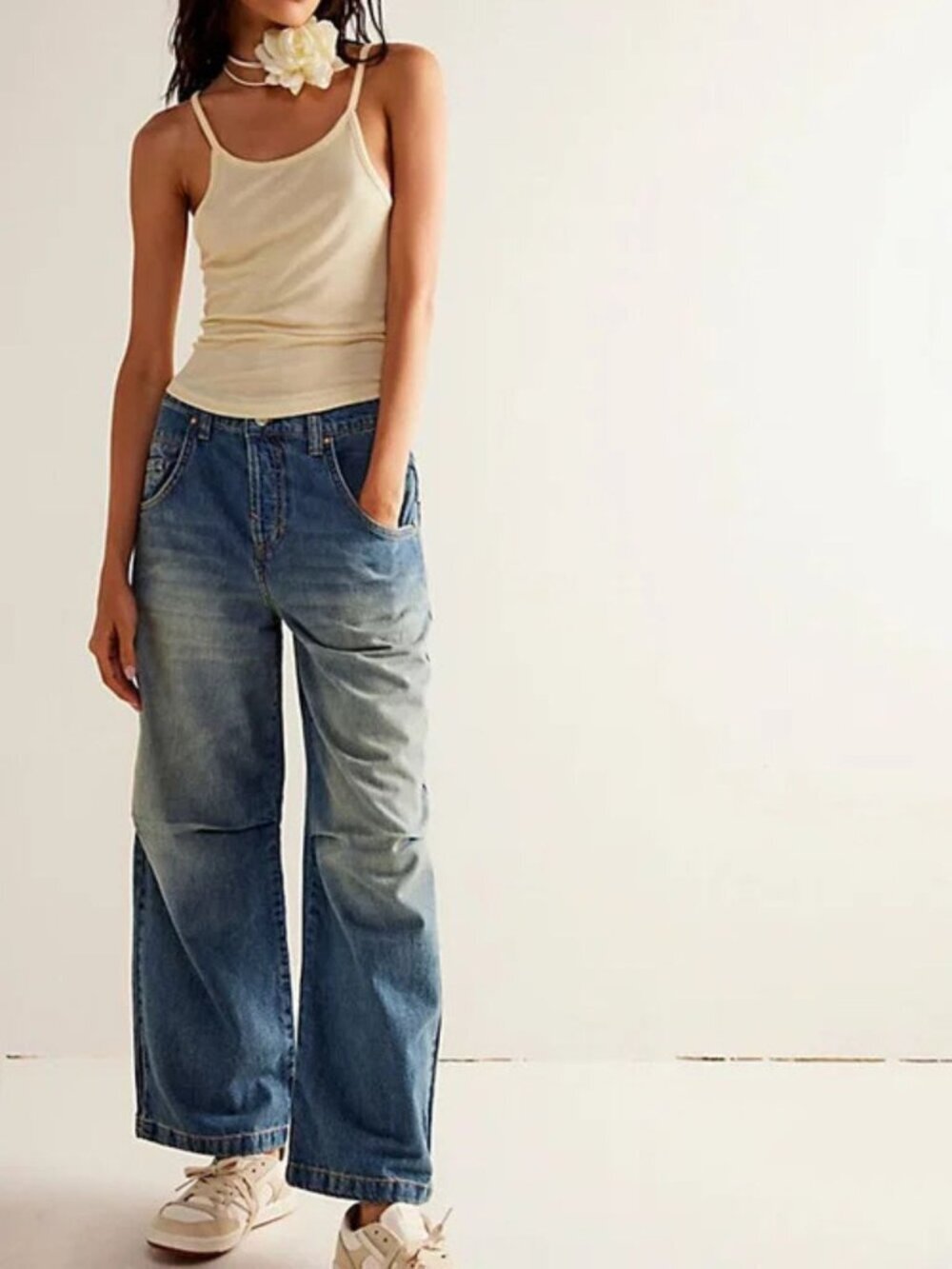 Free Prople We The Free Blue Twin Flame Cropped Wide-Leg Jeans 28 8445